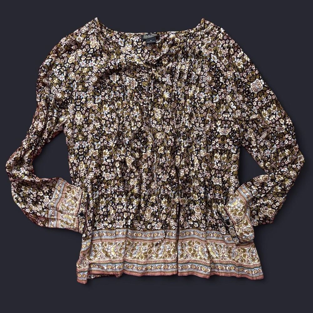 Lucky Brand Floral Blouse With Long Sleeves and Tie Detail 70s Vibes Boho Size M